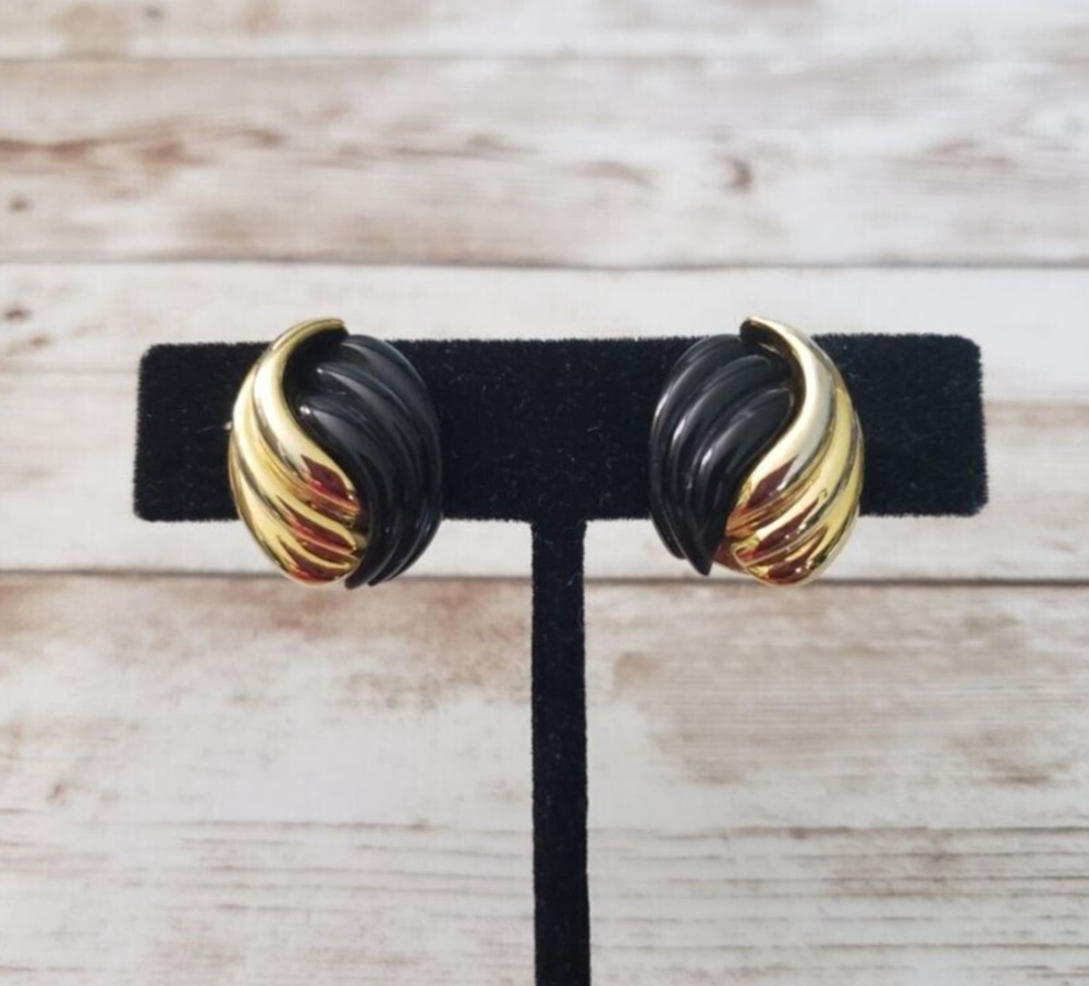 Vintage Monet Clip On Earrings - Black & Gold Tone